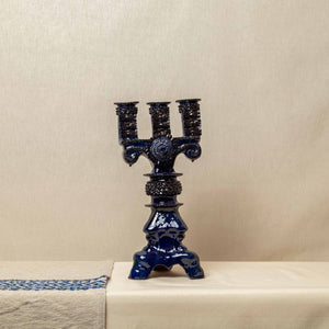 Candelabro Barro Vidriado 3 Velas Azul Cobalto