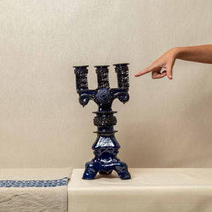Candelabro Barro Vidriado 3 Velas Azul Cobalto