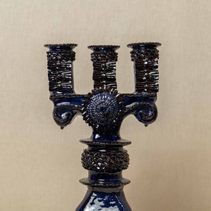 Candelabro Barro Vidriado 3 Velas Azul Cobalto