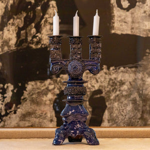 Candelabro Barro Vidriado 3 Velas Azul Cobalto