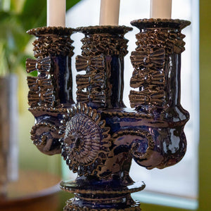 Candelabro Barro Vidriado 3 Velas Azul Cobalto