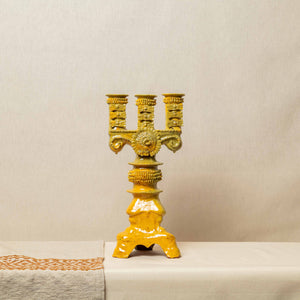 Candelabro Barro Vidriado 3 Velas Mostaza