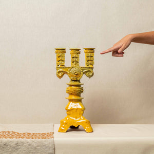 Candelabro Barro Vidriado 3 Velas Mostaza