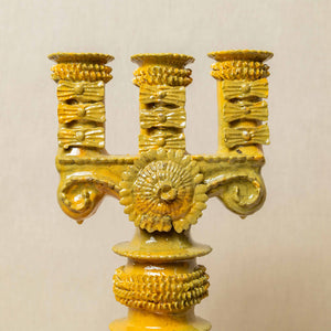 Candelabro Barro Vidriado 3 Velas Mostaza