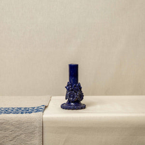 Candelabro Barro Vidriado con Flores Azul, pequeño
