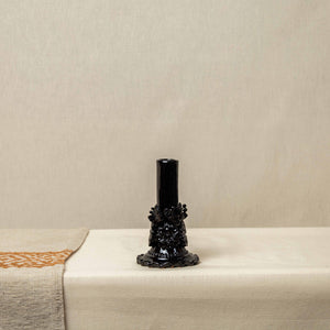 Candelabro Barro Vidriado con Flores Negro, pequeño