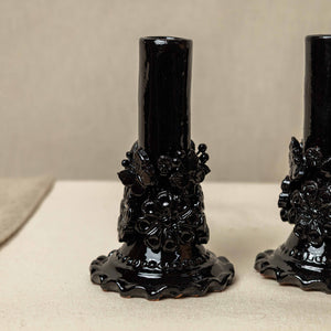 Candelabro Barro Vidriado con Flores Negro, pequeño