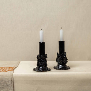 Candelabro Barro Vidriado con Flores Negro, pequeño