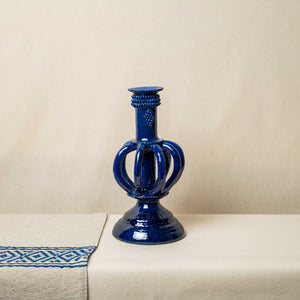 Candelabro Barro Vidriado Esfera Bajo Azul