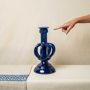 Candelabro Barro Vidriado Esfera Bajo Azul