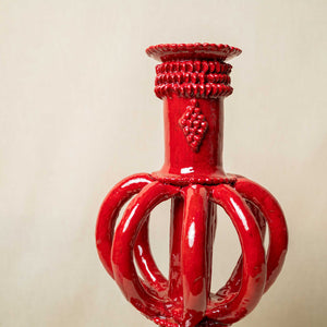 Candelabro Barro Vidriado Esfera Bajo Rojo