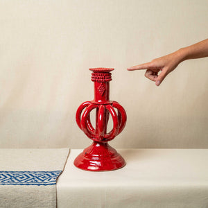 Candelabro Barro Vidriado Esfera Bajo Rojo