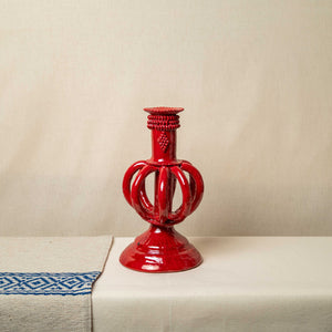 Candelabro Barro Vidriado Esfera Bajo Rojo