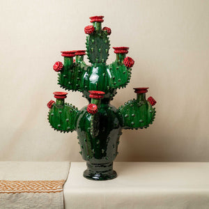 Candelabro Barro Vidriado Nopalera verde y rojo