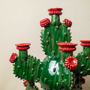 Candelabro Barro Vidriado Nopalera verde y rojo
