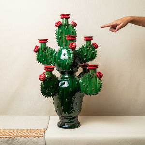 Candelabro Barro Vidriado Nopalera verde y rojo