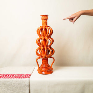 Candelabro Barro Vidriado Esfera Alto Naranja