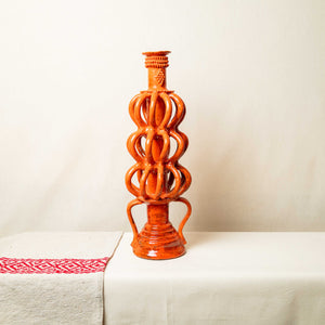 Candelabro Barro Vidriado Esfera Alto Naranja