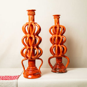 Candelabro Barro Vidriado Esfera Alto Naranja